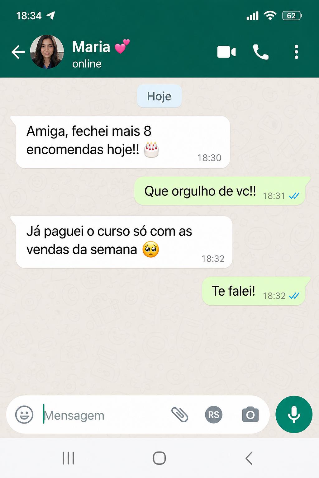 Print de WhatsApp de aluna comemorando encomendas